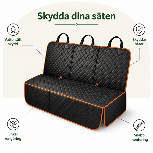 Svart quiltat baksätesskydd med orange kantband fritt från sidan, med upphängningsremmar, säkerhetsbältesöppningar och sidoflikar, omgivet av små ikoner. 2