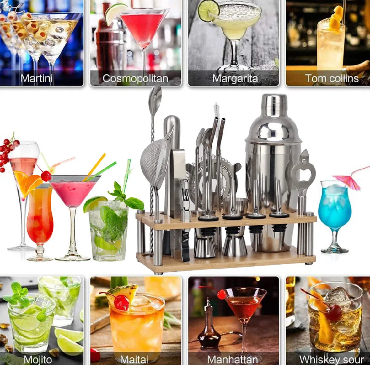 Cocktail-Set aus Edelstahl mit Shaker, Löffel, Sieb und Ständer, ideal für Martini und Mojito.