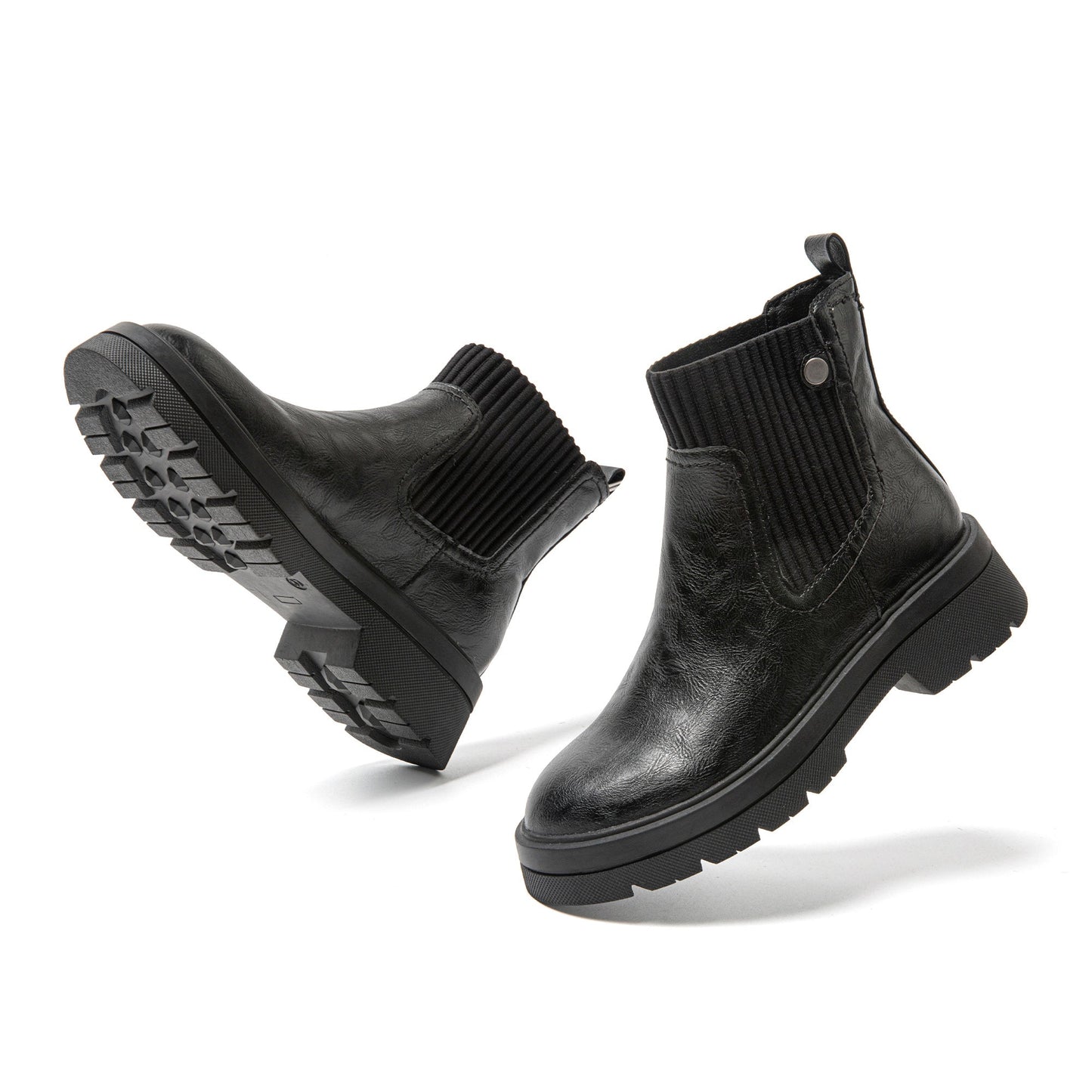 Schwarze Chelsea Boots aus Leder mit Profilsohle, elastischen Einsätzen, Damenmode.