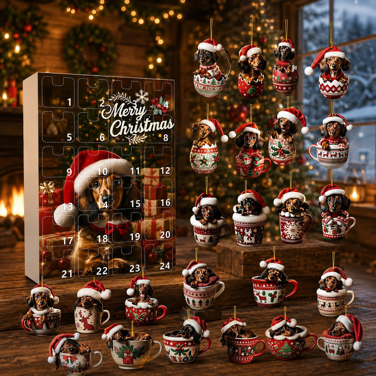 Adventskalendern står i en mysig stuga bredvid alla 24 taxprydnader i koppar och ägg, uppställda på träytor och golv. 7