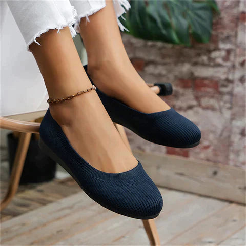 Damen Ballerinas, dunkelblau, Strickmaterial, bequem, modisch, Freizeitkleidung, Schuhe.