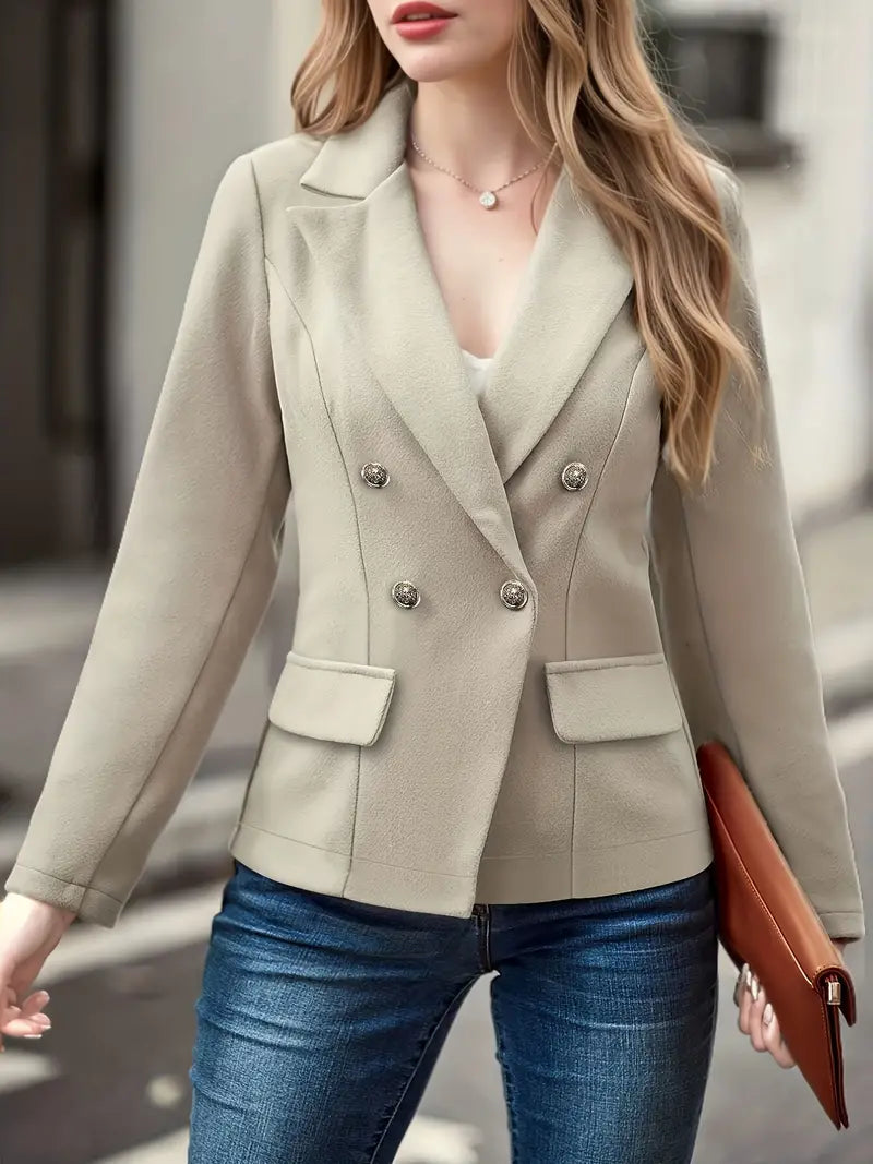 Frau in beigem Blazer, Doppelreiher, elegantes Design, modisch, Business-Look, Jeans.