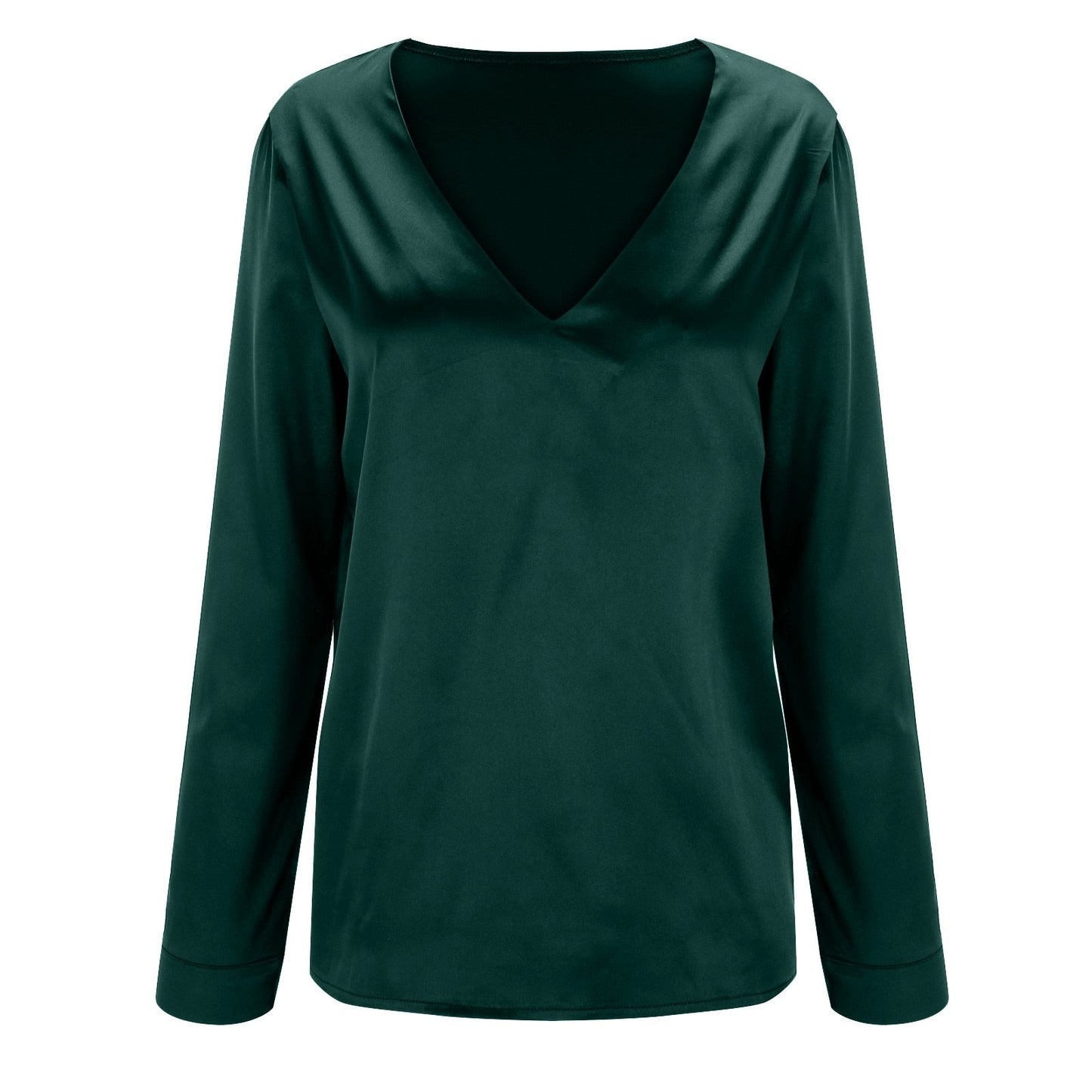 Dunkelgrüne Damenbluse, V-Ausschnitt, Langarm, Satin, elegant, modisch, Freizeitkleidung.