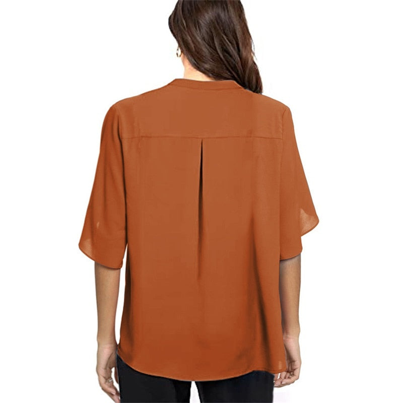 Damenbluse Rückansicht, orange, 3/4-Ärmel, lässig, leicht, Sommermode, elegant.