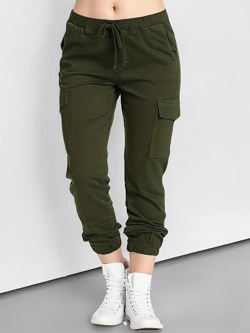 Damen Cargohose, olivgrün, Baumwolle, mit Taschen, lässig, modisch, bequem, Freizeitkleidung.