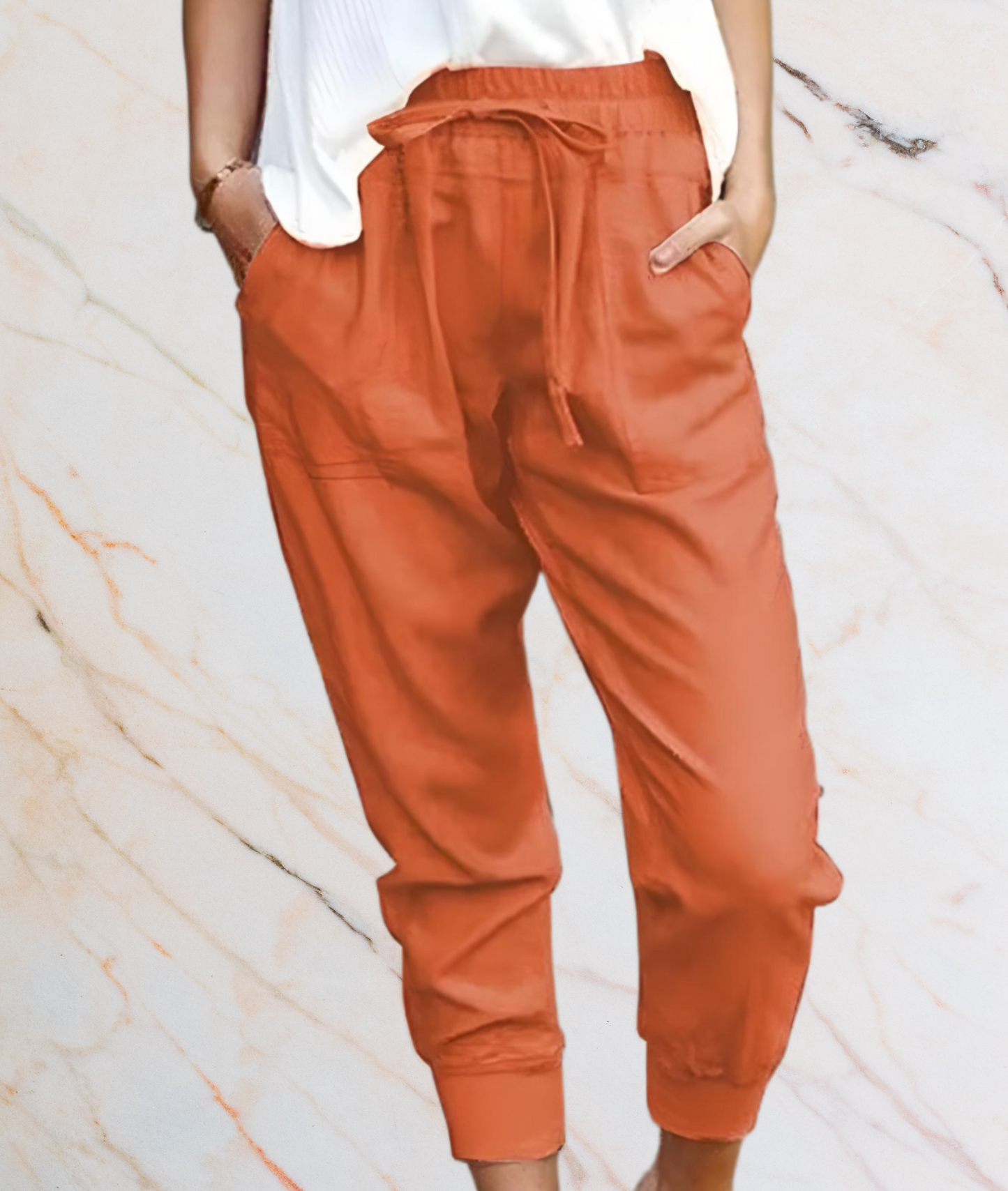 Damenhose aus Leinen in Orange, lässig, mit Kordelzug, ideal für Sommermode.