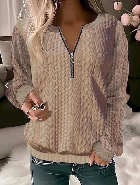 Damenpullover mit Zopfmuster, beige, Reißverschluss, langärmelig, casual, Herbstmode.