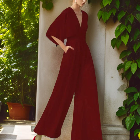 Damen Jumpsuit rot, elegantes Design, V-Ausschnitt, weite Ärmel, Sommermode, Freizeitkleidung.