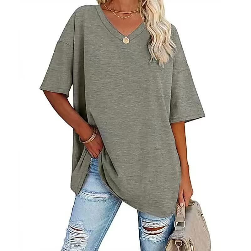 Graues Damen-T-Shirt, V-Ausschnitt, lässig, Baumwolle, Sommermode, kurze Ärmel.