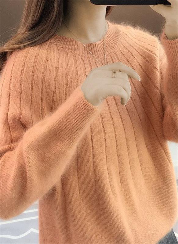 Damenpullover aus Kaschmir, orange, gerippt, langärmelig, modisch, weich, warm.