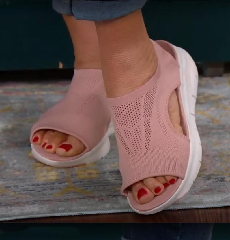Damen Sandalen rosa, atmungsaktiv, bequem, Sommermode, Strickmaterial, weiße Sohle.