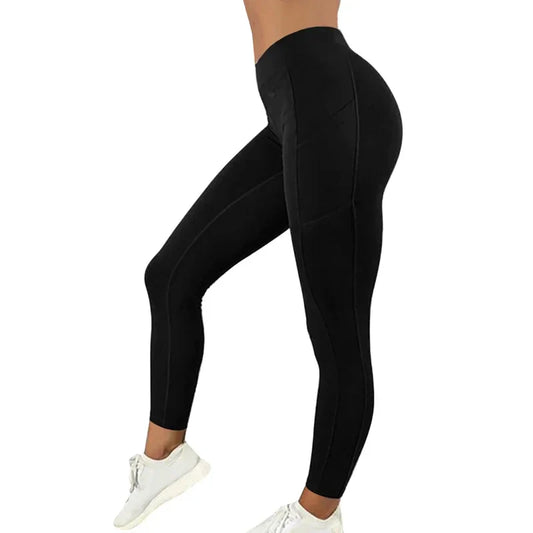 Schwarze Damen-Leggings, hoch tailliert, Sportbekleidung, elastisch, bequem, Fitnessmode.