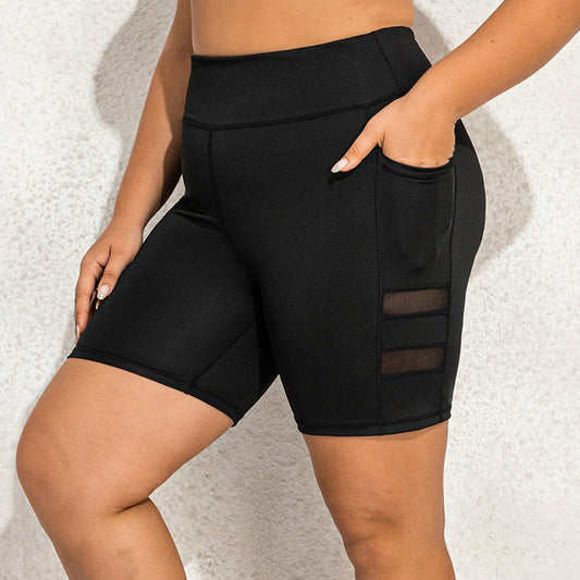 Damen schwarze Sportshorts mit Taschen, atmungsaktiv, Plus Size, Fitnessbekleidung.