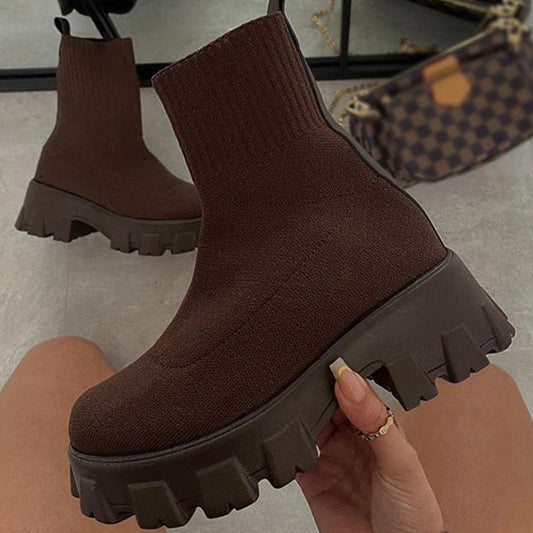 Brauner Damen-Stiefel mit dicker Sohle, Strickmaterial, modisch, robust, Herbst-Winter-Schuh.
