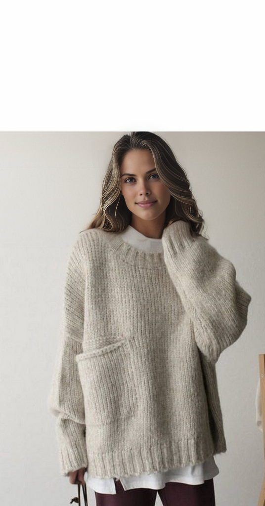Damen Strickpullover beige, grob gestrickt, lässig, mit Tasche, Herbstmode, gemütlich.