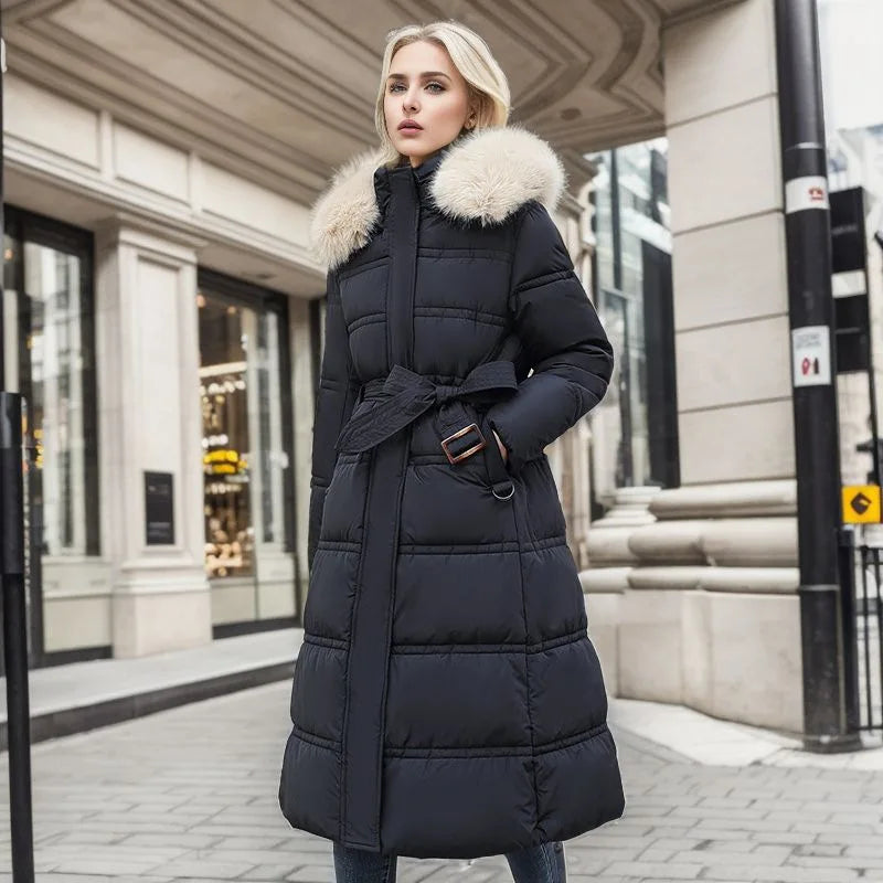 Damen Wintermantel, schwarz, Daunen, mit Kapuze und Kunstfell, modisch, warm, lang.