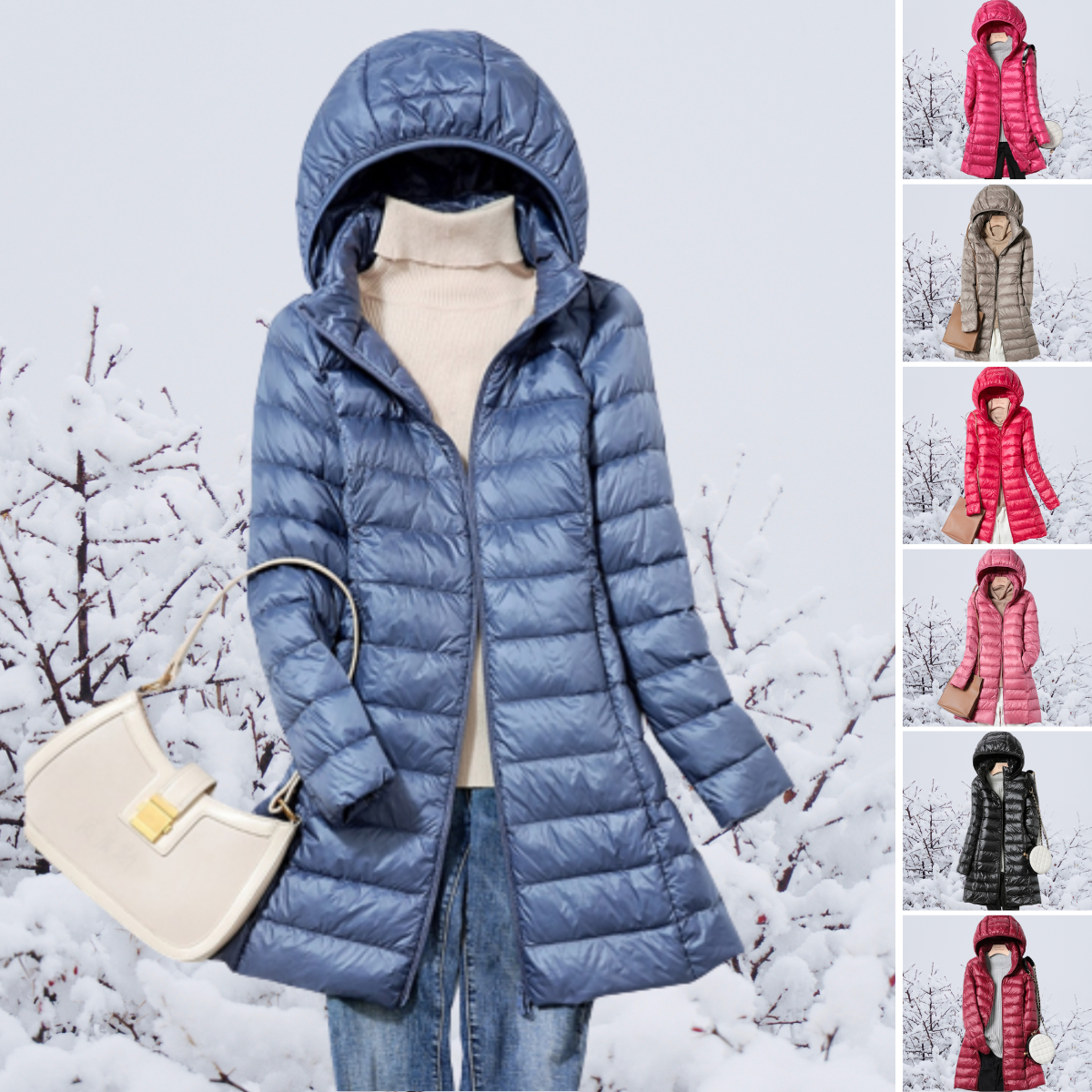 Damen-Daunenmantel mit Kapuze, blau, Winterjacke, verschiedene Farben, modisch, warm.
