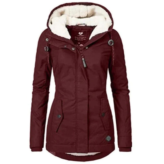 Damen Winterjacke burgundy, Kapuze, Fleece-Futter, warm, modisch, Outdoor-Bekleidung.