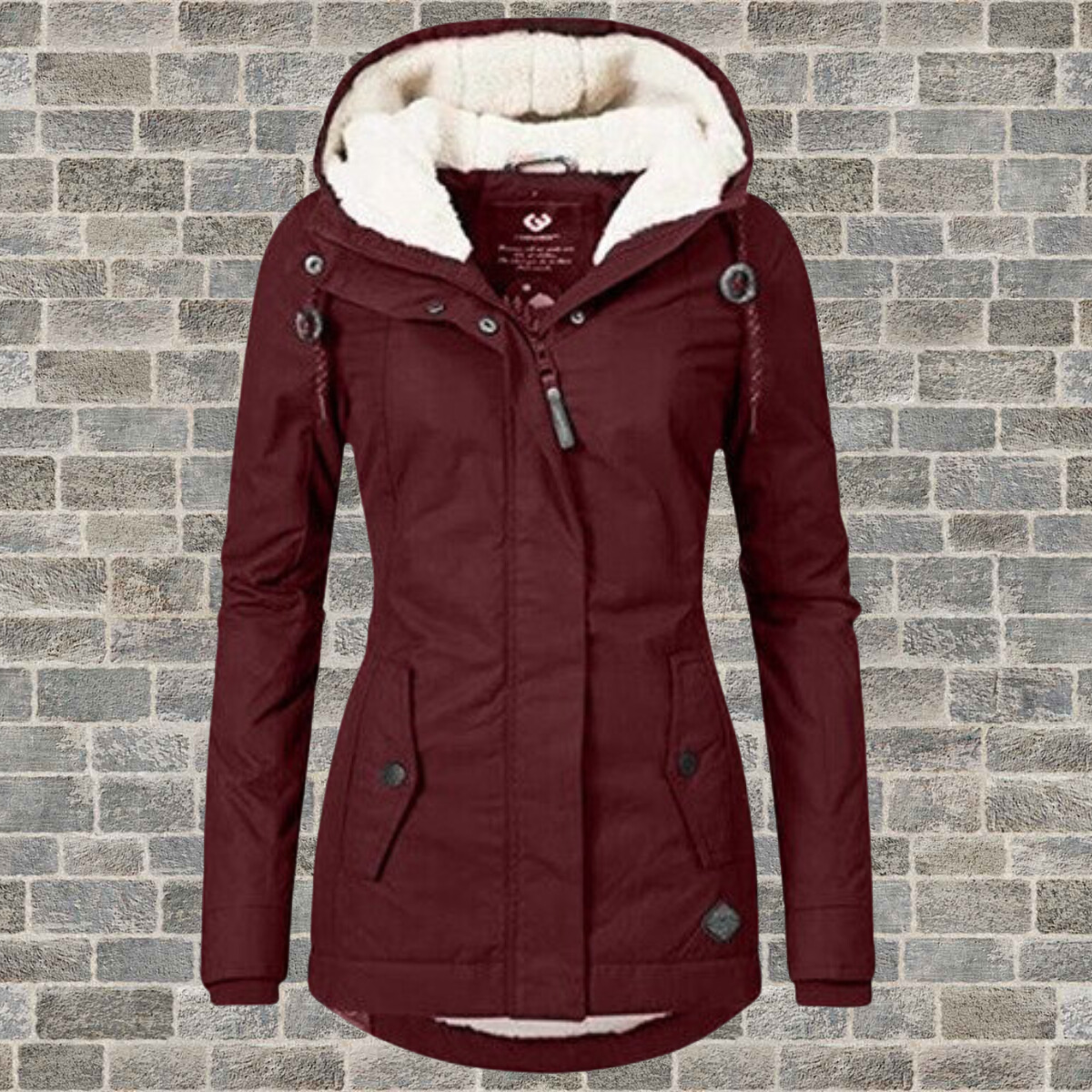 Damen Winterjacke burgunderrot mit Kapuze, warm gefüttert, modisch, Outdoor-Bekleidung.