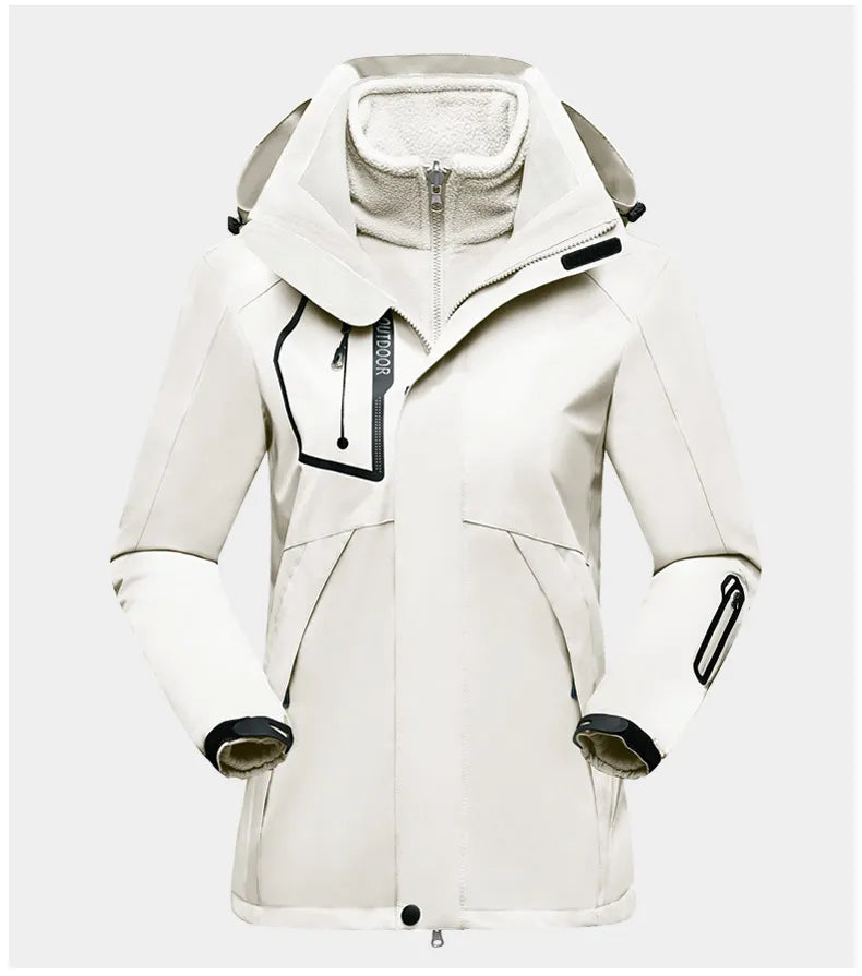 Damen-Skijacke weiß, wasserdicht, mit Kapuze, Reißverschlusstaschen, Winterbekleidung.