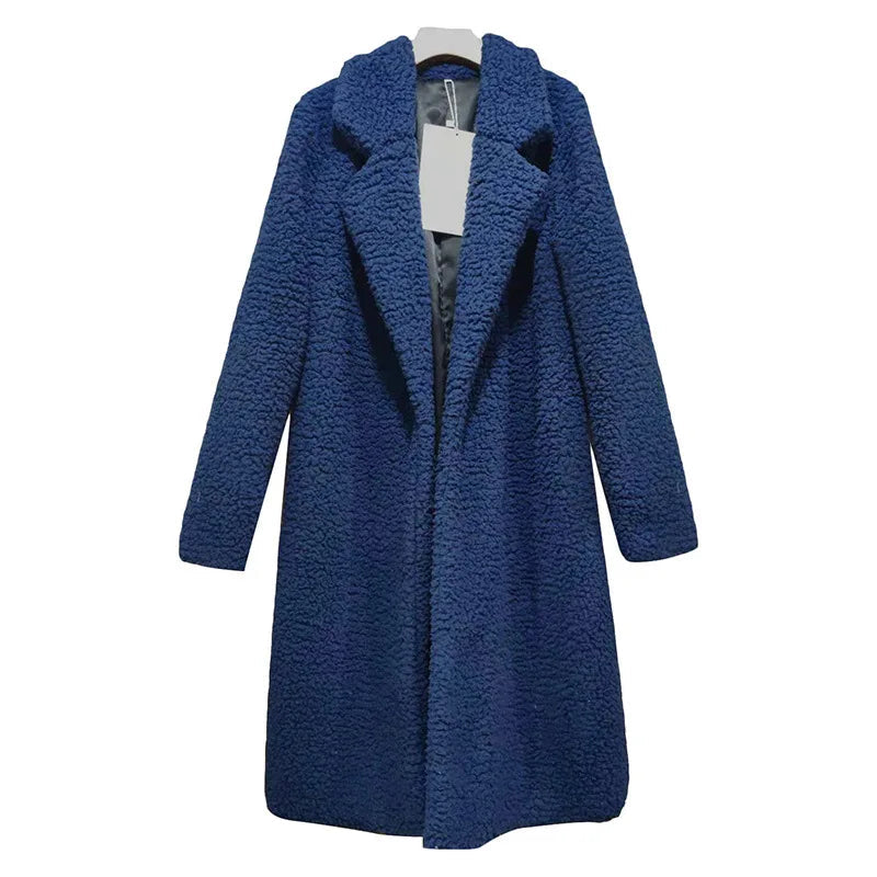 Marineblauer Damen-Wintermantel, Teddyfell, warm, elegant, Luca Norelli, modisch, lang.