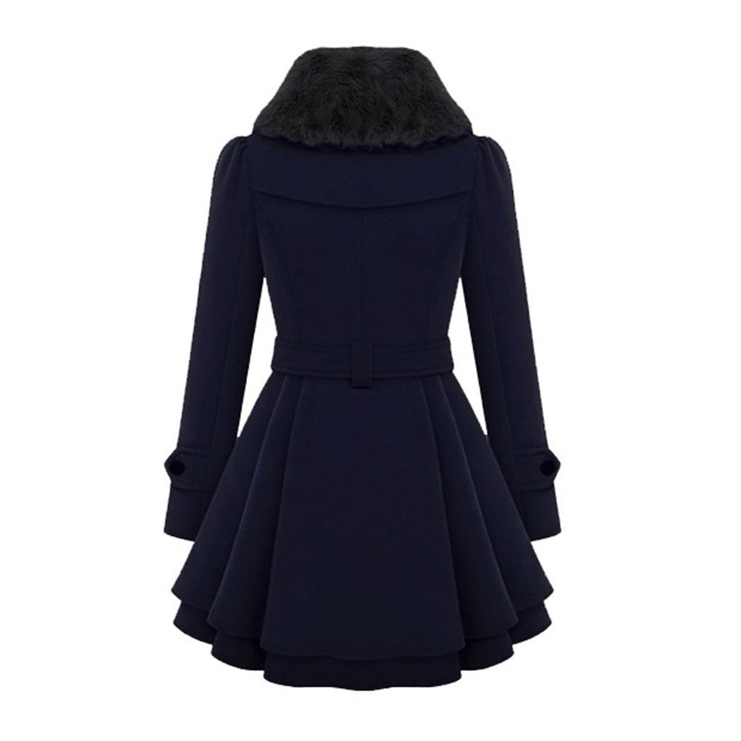 Damen Wintermantel, dunkelblau, mit Gürtel und Kunstfellkragen, elegantes Design.