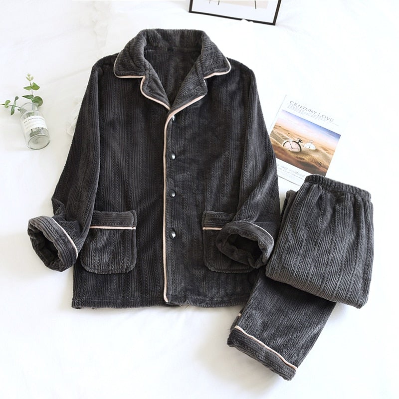 Damen Flanell Pyjama Set, dunkelgrau, warm, Winter, Knopfleiste, gemütlich, weiches Material.