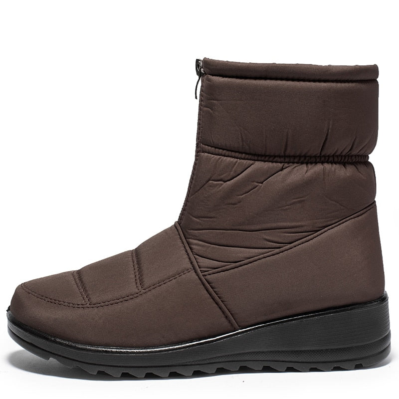Brauner Winterstiefel Damen, wasserdicht, rutschfest, warm gefüttert, Reißverschluss.