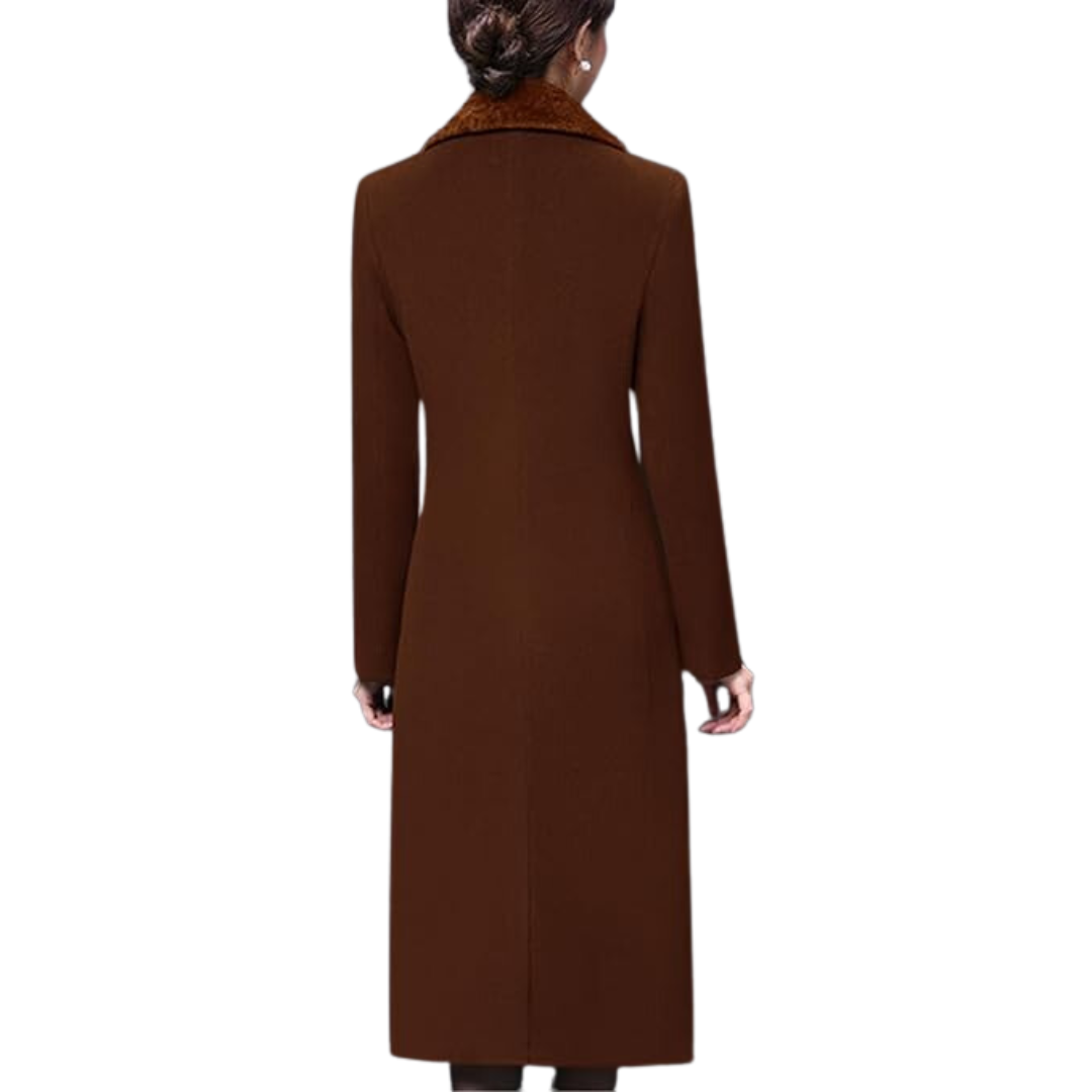 Damenmantel braun, langer Schnitt, elegantes Design, Wintermode, Wollmischung, Rückansicht