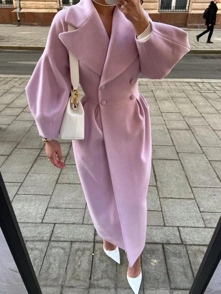 Damen Wollmantel rosa, doppelreihig, Laternenärmel, Wintermode, elegant, warm, lang.