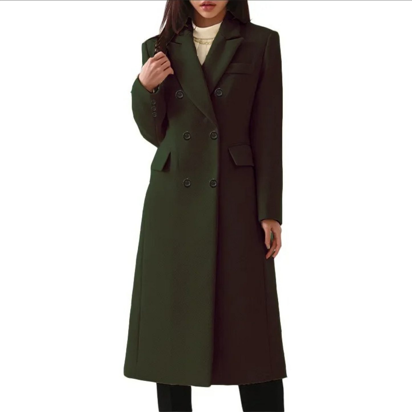 Damen Wollmantel, dunkelgrün, doppelter Kragen, eleganter Wintermantel, knielang