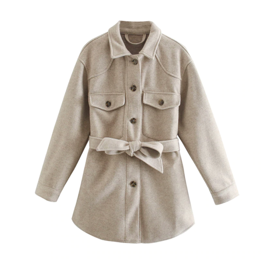 Beige Damen Wolljacke mit Gürtel und Knöpfen, ideal für Frühling, modisch und elegant.