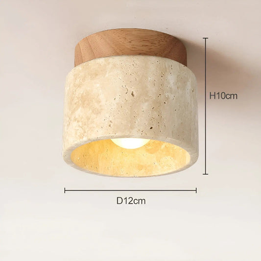 Deckenleuchte aus Holz und Stein, rund, 12cm Durchmesser, 10cm Höhe, moderne Innenbeleuchtung.