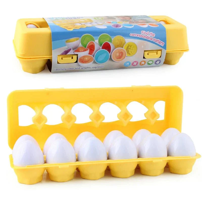 Gelbes Eierkarton-Spielzeug mit weißen Plastikeiern, Lernspiel für Kinder, Farberkennung.