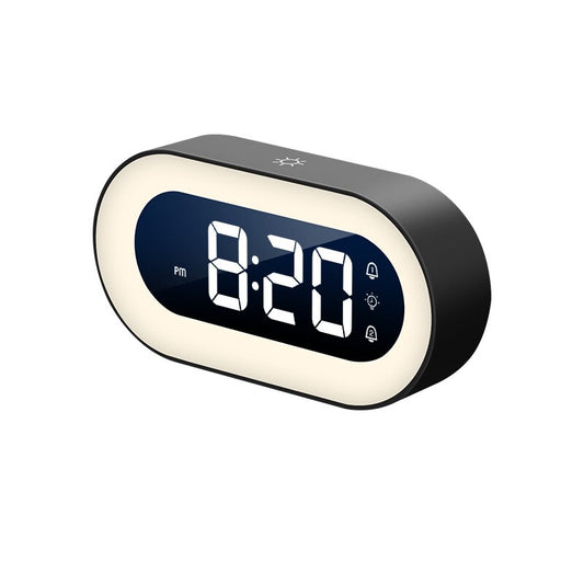 Schwarzer digitaler Wecker mit LED-Anzeige, ovales Design, moderne Tischuhr.