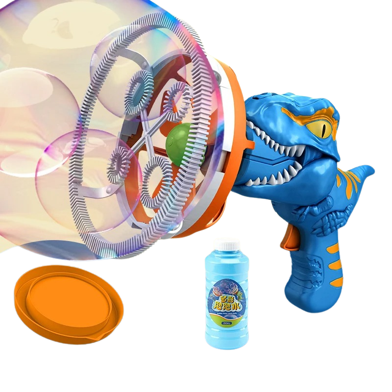 Blauer Dinosaurier-Seifenblasenpistole mit Seifenblasenflüssigkeit, Spielzeug für Kinder.