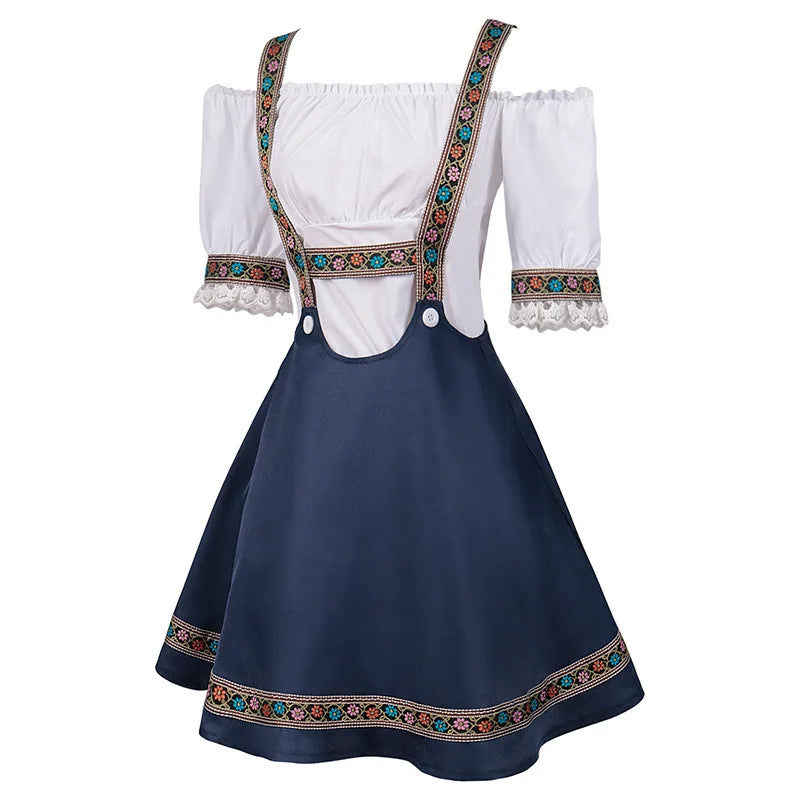 Damen Dirndl Kleid, blau-weiß, traditionell, mit Stickerei, Oktoberfest Tracht, Baumwolle.