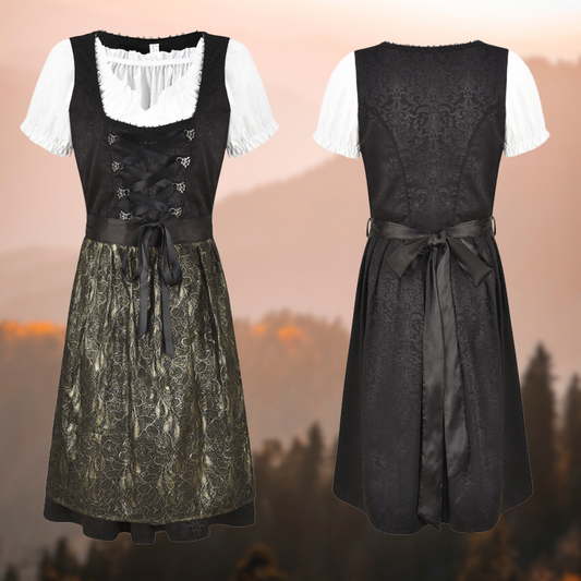 Schwarzes Dirndl mit weißer Bluse und goldener Schürze, traditionelles bayerisches Trachtenkleid.