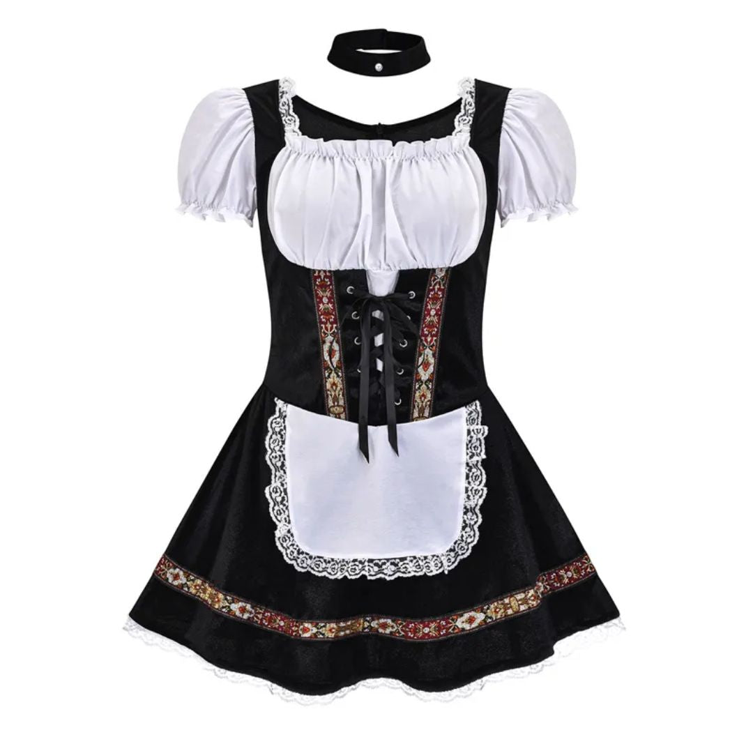 Schwarzes Dirndlkleid mit weißer Bluse, Spitzenapplikationen, traditionelles Oktoberfest-Outfit.