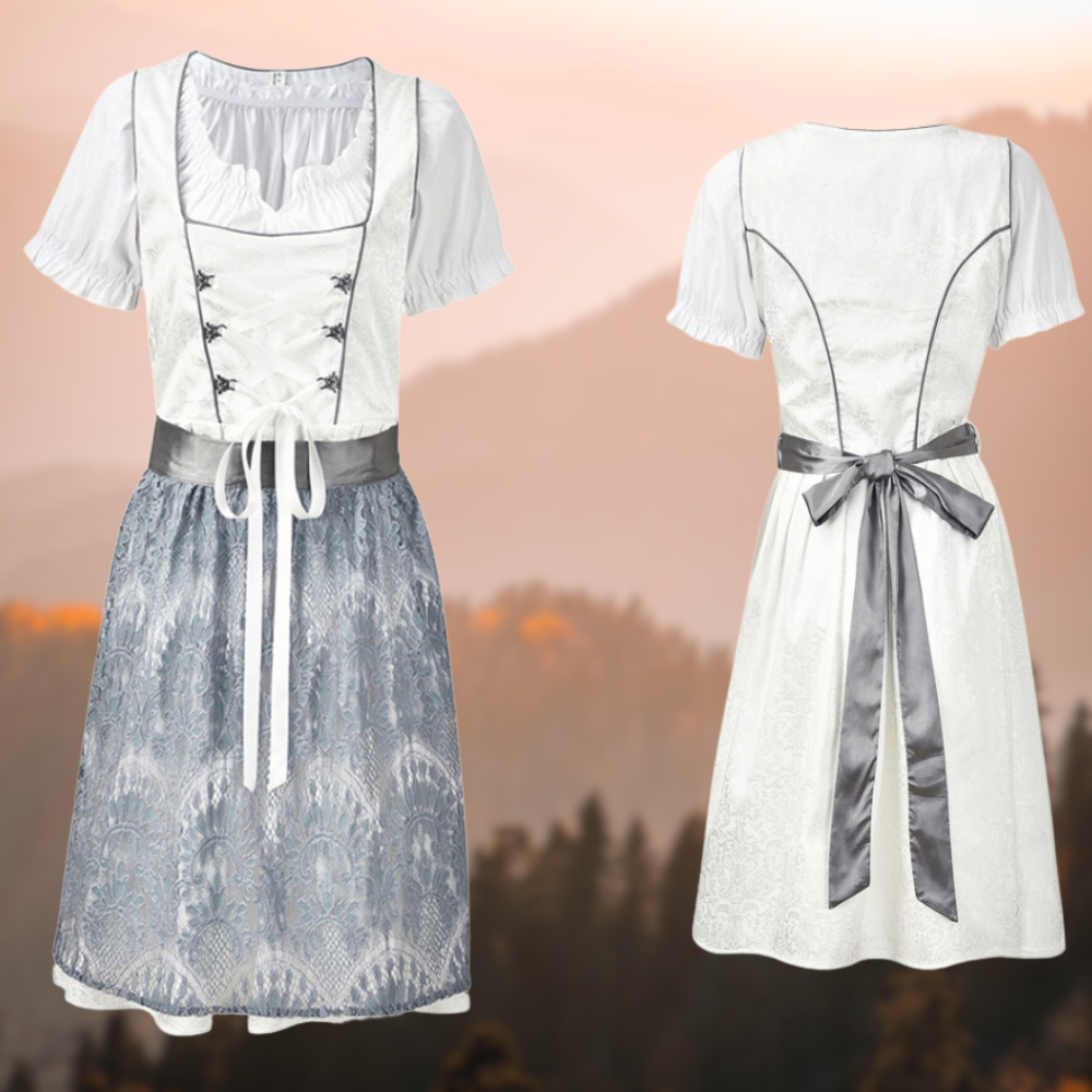 Damen-Dirndl weiß-grau, Spitzenmuster, traditionell, Trachtenmode, Oktoberfest-Kleid.