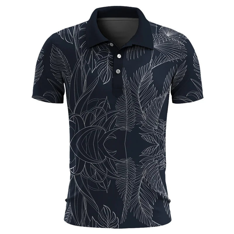 Schwarzes Herren-Poloshirt mit weißem Blattmuster, kurzärmelig, Baumwolle, modisch.