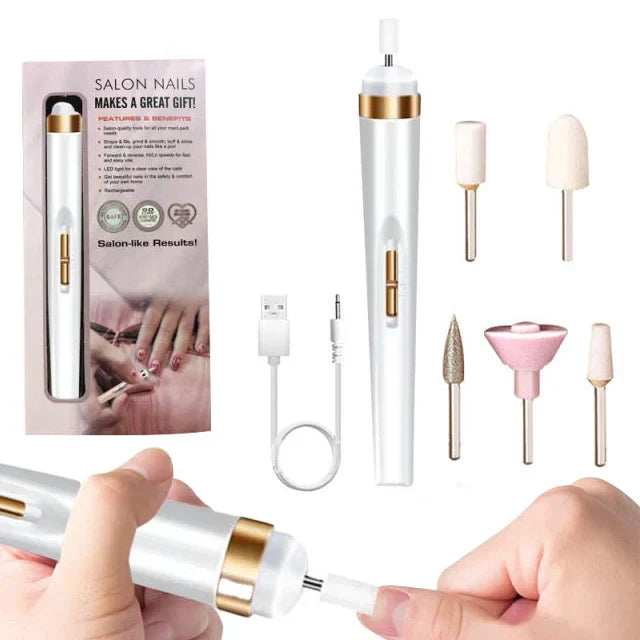 Elektrische Nagelfeile Set, weiß-gold, mit Aufsätzen und USB-Kabel, für Maniküre und Pediküre.