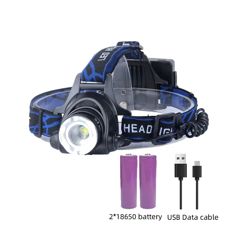 LED-Stirnlampe mit USB-Kabel, 2x 18650 Batterien, schwarz-blau, Outdoor, wiederaufladbar.