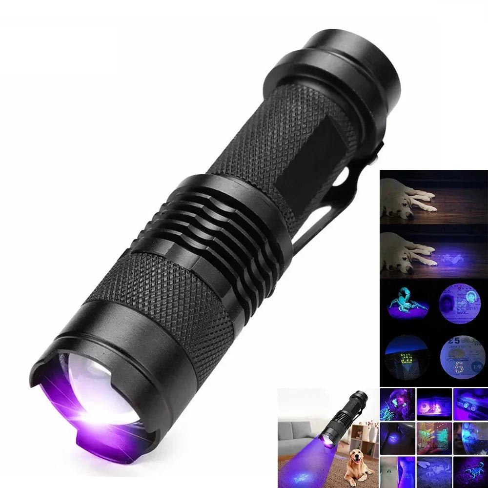 Schwarze UV-Taschenlampe, tragbar, Aluminium, für Haustierflecken und Sicherheitsüberprüfung.