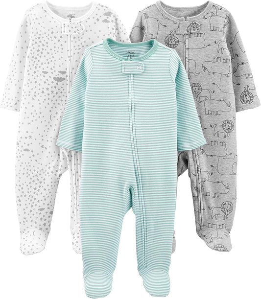 Drei Baby-Strampler, Baumwolle, grau, weiß, mintgrün, Tiermuster, Sterne, gestreift.