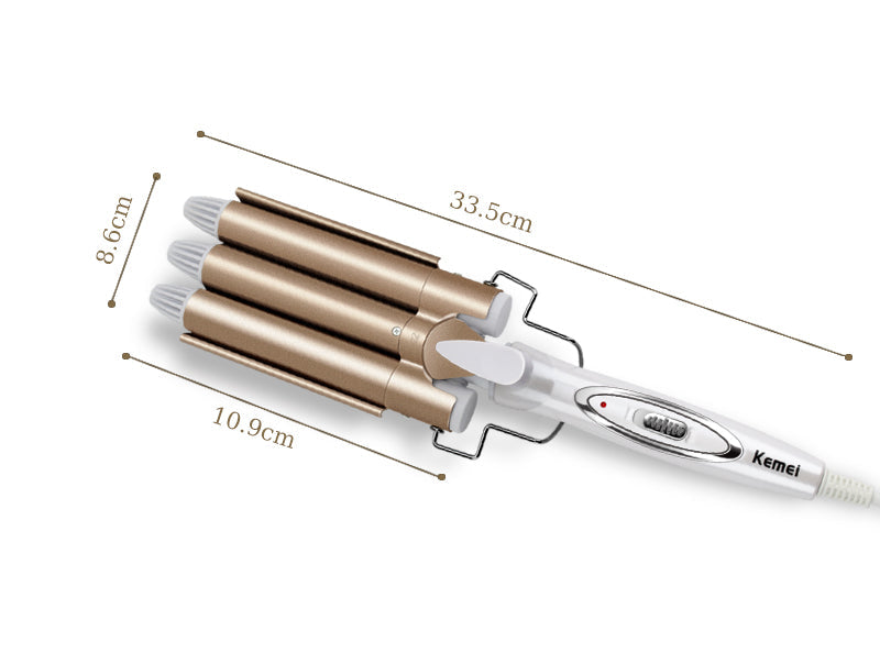 Dreifach-Lockenstab Kemei, gold, 33,5 cm, Haarstyling, Keramikbeschichtung, 10,9 cm Breite.