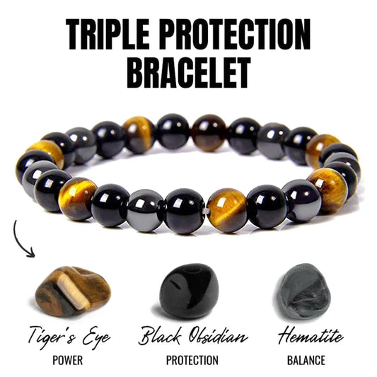 Armband mit Tigerauge, schwarzem Obsidian und Hämatit, Triple Protection, Energie, Balance.
