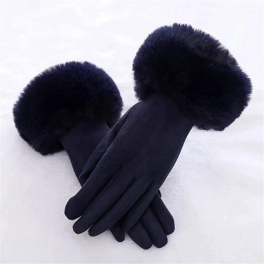 Dunkelblaue Damenhandschuhe mit Kunstfell, elegant, warm, Wintermode, Accessoire.