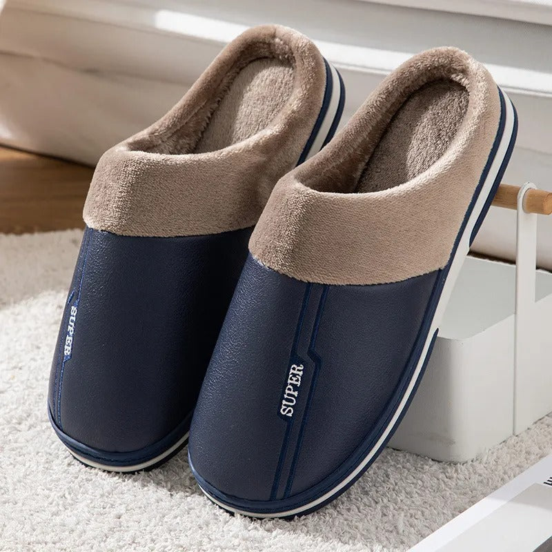 Blaue Hausschuhe mit braunem Futter, rutschfeste Sohle, gemütlich, warm, für Herren und Damen.
