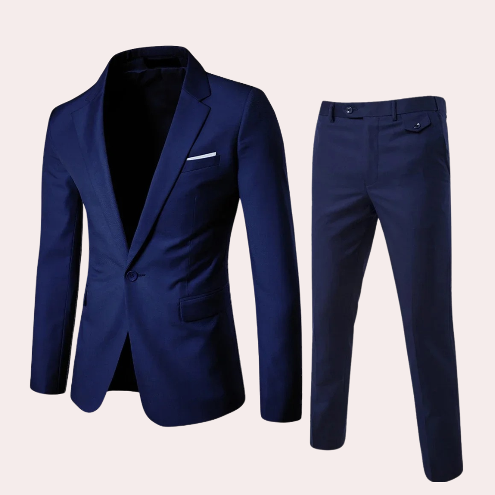 Dunkelblauer Herrenanzug, zweiteilig, elegant, aus Baumwolle, für formelle Anlässe.